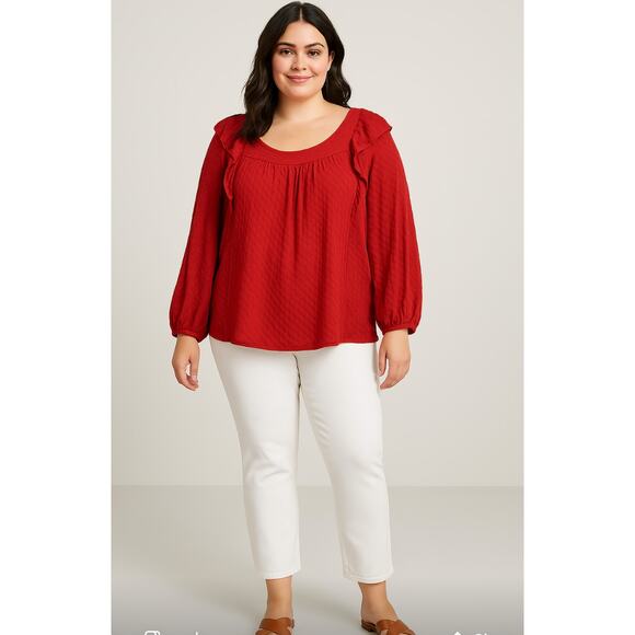 Women’s Plus Size Red 26/28W Textured Ruffle Long Sleeve Top Boho Romantic - Picture 1 of 7